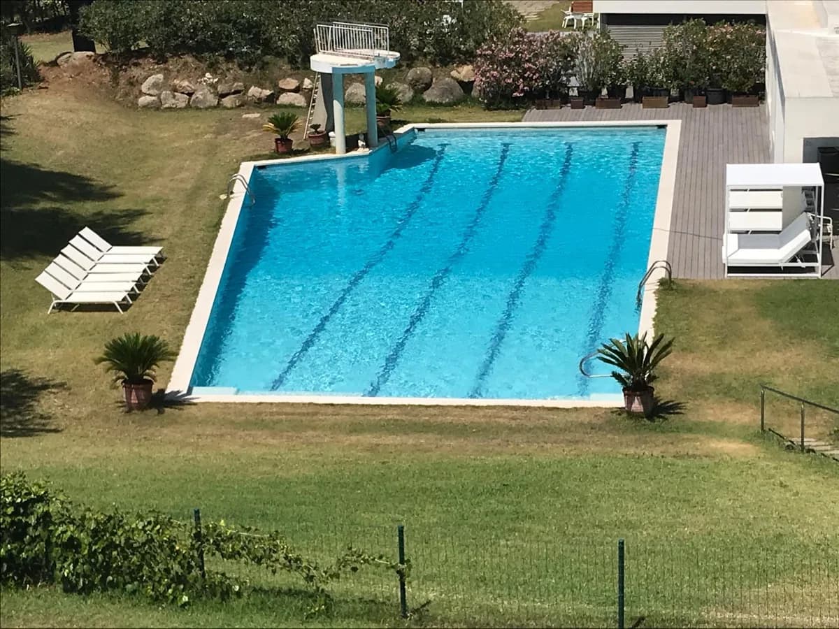 Overhead view of the swimming pool with diving board